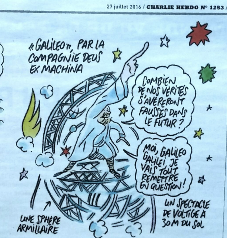 dessin de charlie hebdo Un dessin humoristique de Galilée discutant d'une théorie sur l'univers.
