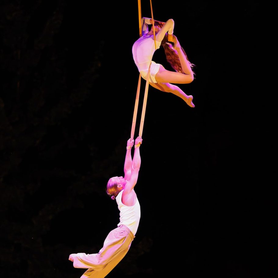 sangles aeriennes Deux acrobates se balançant ensemble sur des cordes, en plein vol.