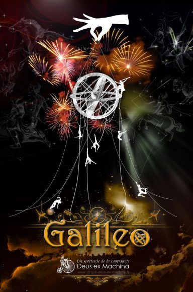 affiche spectacle Galileo Cercle lumineux au centre, feux d'artifice colorés et silhouettes dansantes autour.