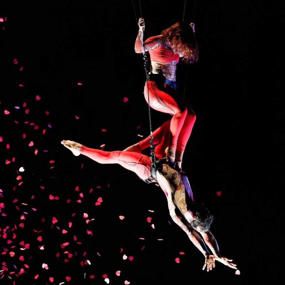 spectacle de rue Deux acrobates exécutent une performance aérienne avec des pétales tombant autour d'eux.